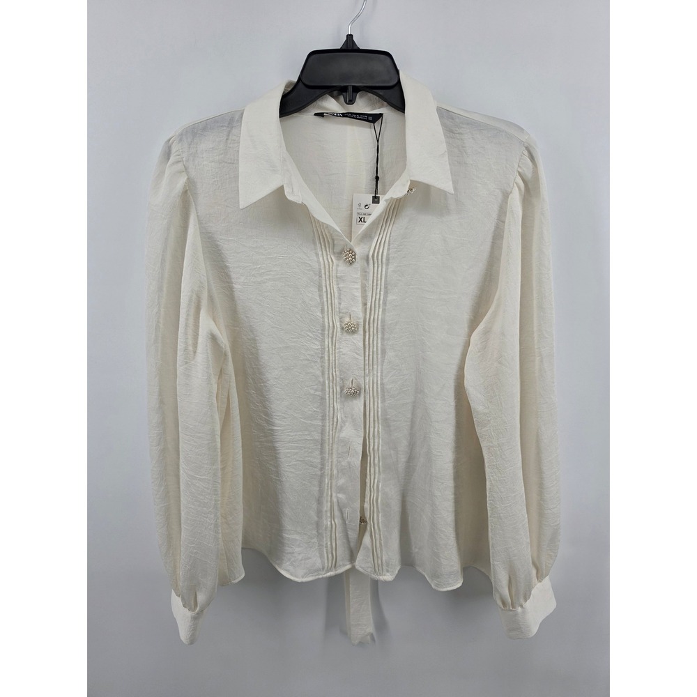 Zara Tie Front Blouse Cream Pearl Buttons NWT XL